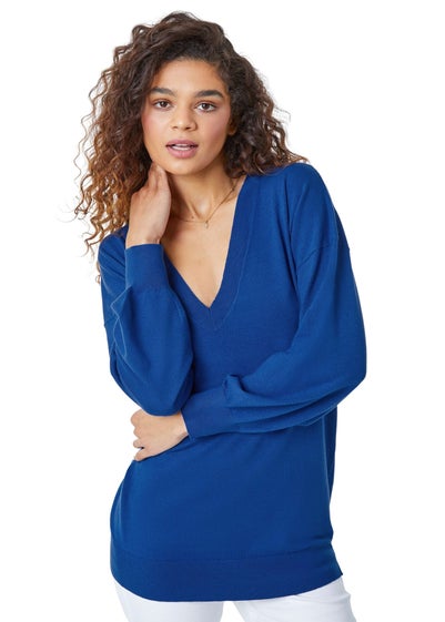 Roman Royal Blue Plain Stretch V-Neck Longline Jumper