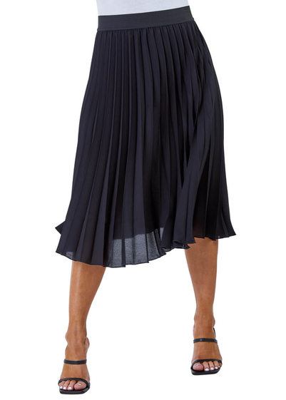 Roman Black Petite Pleated Elastic Waist Midi Skirt