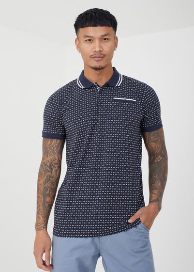 Brave Soul Navy Barnett Cotton Print Polo Shirt