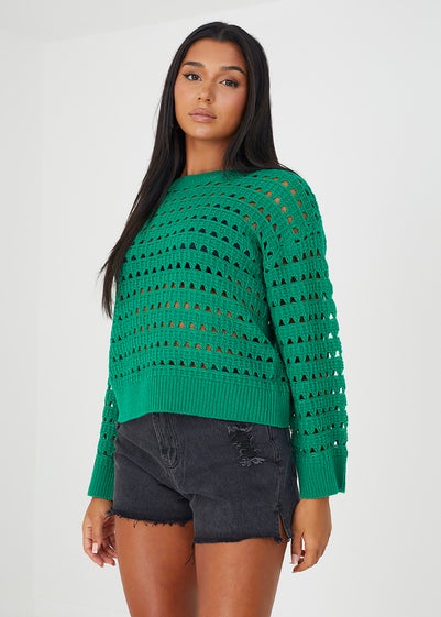 Brave Soul Green Mesh Cropped Oversized Jumper