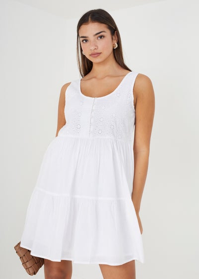 Brave Soul White Borderie Top Tiered Smock Mini Dress