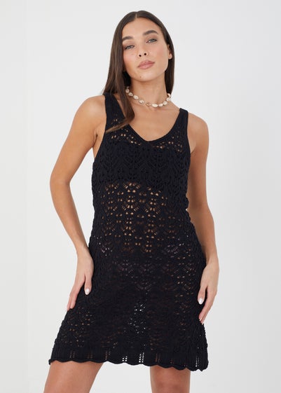 Brave Soul Black Sleeveless Crochet Knit Dress With Scallop Hem