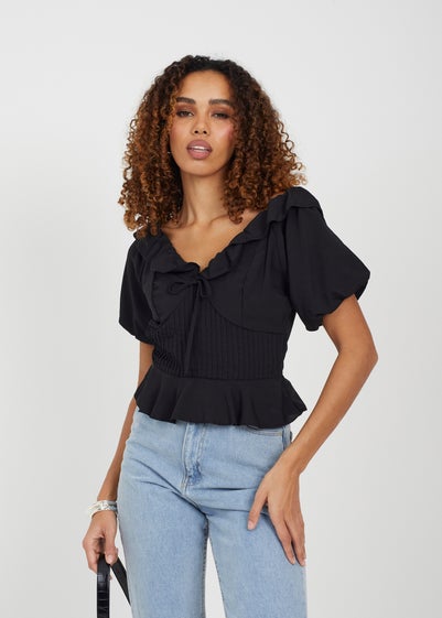 Brave Soul Black Frill Collar Puff Sleeve Blouse