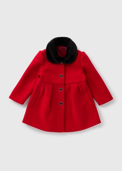 Girls Red Faux Fur Collar Traditional Coat (1-7yrs)