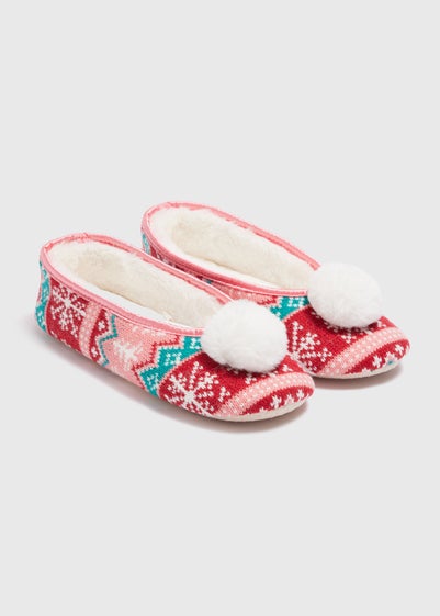 Red Fairisle Pom Slippers