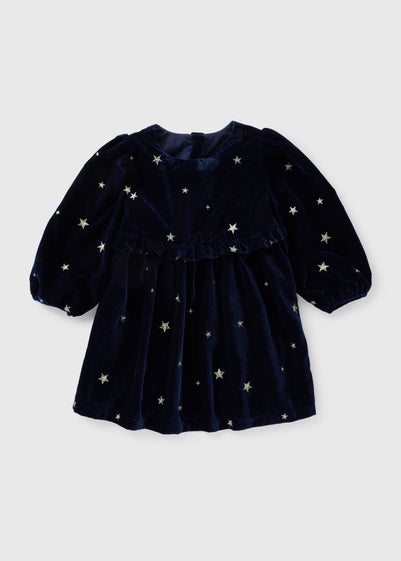 Girls Navy Velvet Star Print Dress (1-7yrs)