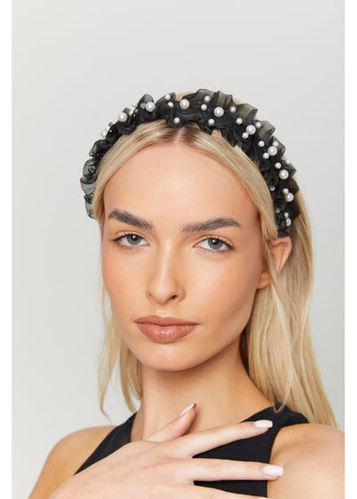 Madein Black Organza Pearl Embellished Headband