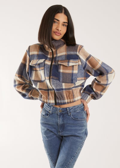 Pink Vanilla Blue Cropped Tartan Style Fleece Jacket