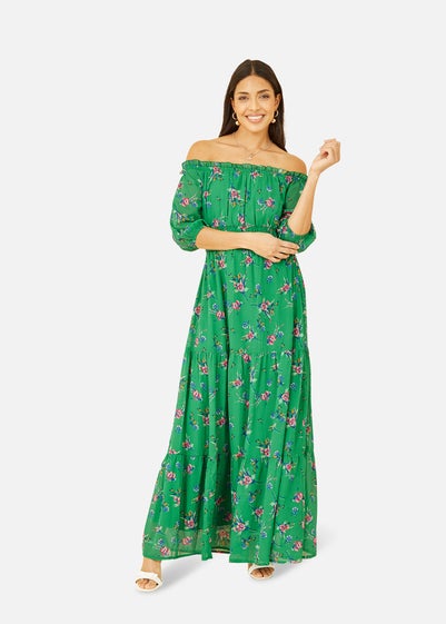 Yumi Green Floral Bardot Long Sleeve Maxi Dress