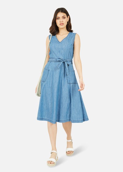 Yumi Blue Chambray Denim Midi Skater Dress