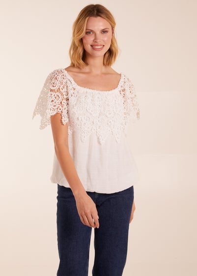 Blue Vanilla Ivory Crochet Lace Puff Ball Top