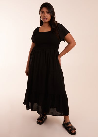 Blue Vanilla Curve Black  Square Neck Flutter Sleeve Dress