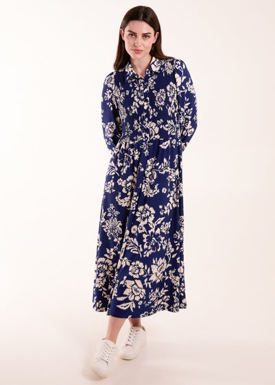 Blue Vanilla Navy Shirred Bust Long Sleeve Midi Dress