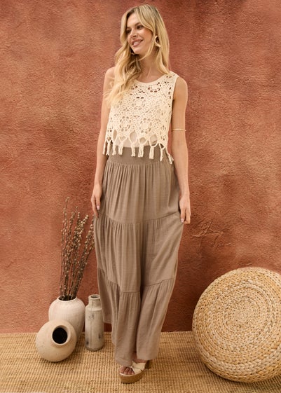 Blue Vanilla Brown Shirring Waist Tiered Maxi Skirt