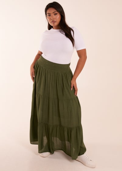 Blue Vanilla Curve Khaki  Tiered Shirred Maxi Skirt