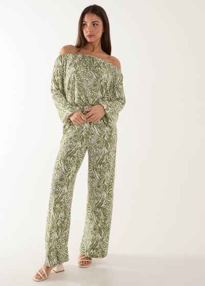 Blue Vanilla Green Off The Shoulder Top And Wide Leg Trouser Set