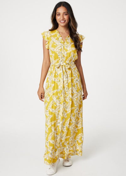 Izabel London Yellow Leaf Print Tie Waist Maxi Dress