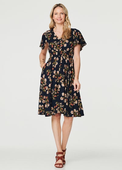 Izabel London Navy Floral Angel Sleeve Short Dress