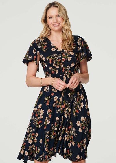 Izabel London Navy Floral Angel Sleeve Short Dress