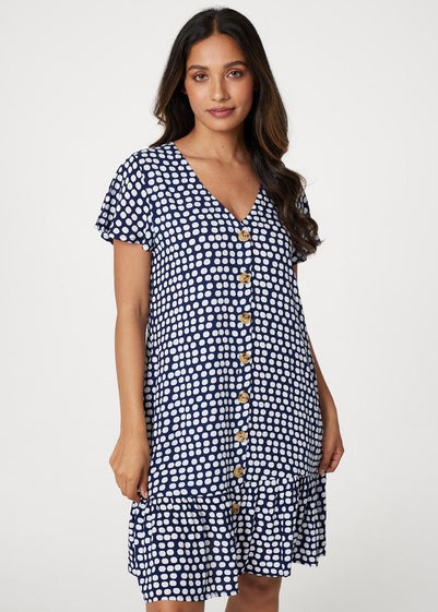 Izabel London Navy Spotty V-Neck Button Front Dress