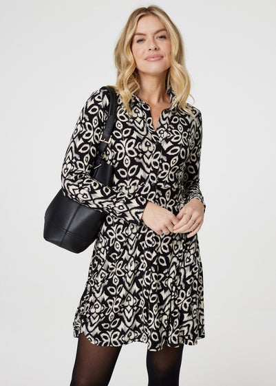 Izabel London Black Printed Long Sleeve Short Shirt Dress