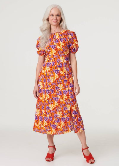 Izabel London Red Printed Puff Sleeve Midi Tea Dress