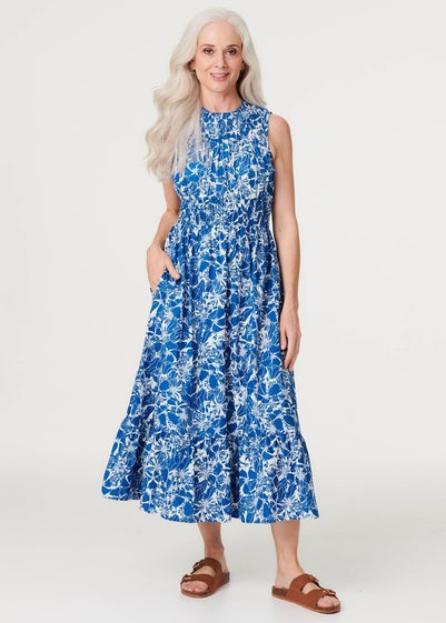 Izabel London Navy Floral High Neck Shirred Midi Dress