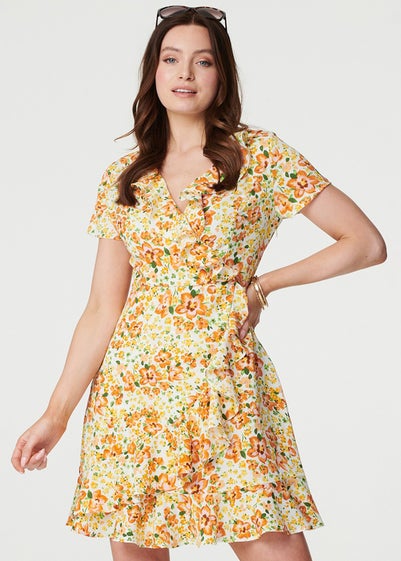 Izabel London Yellow Floral Print Ruffle Wrap Dress