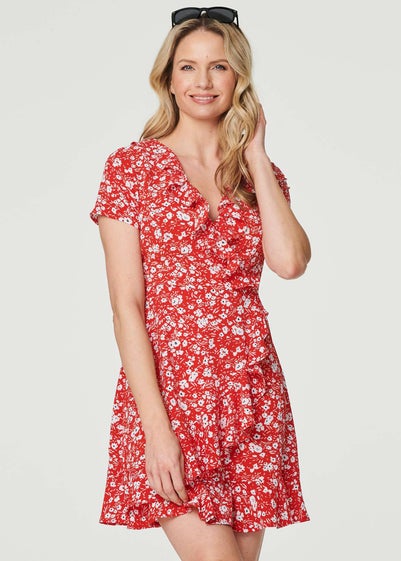 Izabel London Red Ditsy Floral Short Faux Wrap Dress