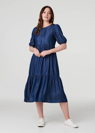 Izabel London Blue Tiered 1/2 Puff Sleeve Midi Dress