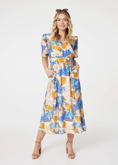 Izabel London Blue Printed 1/2 Sleeve Belted Midi Dress