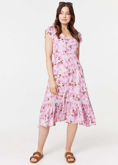 Izabel London Pink Floral Print Cap Sleeve Midi Dress