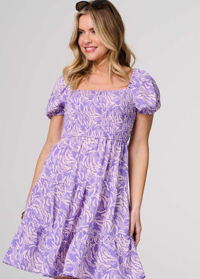 Izabel London Purple Printed Short Bardot Smock Dress