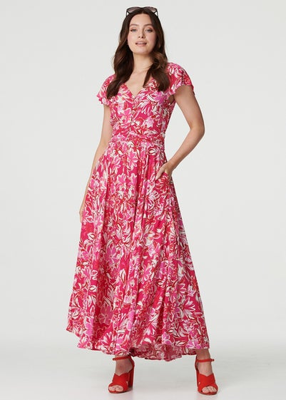 Izabel London Pink Floral Ruched V-Neck Maxi Dress