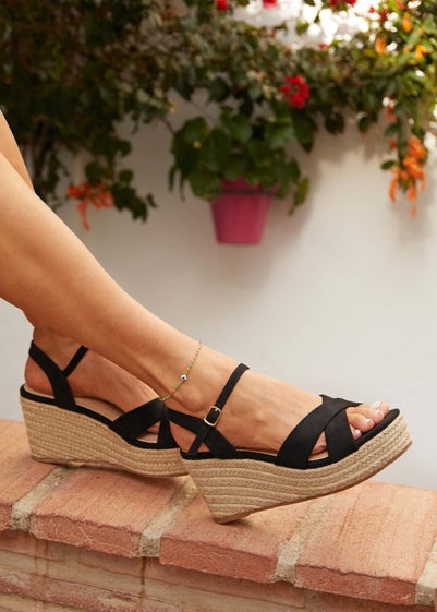 Linzi Vision Black Faux Suede Crossover Rope Detail Wedge