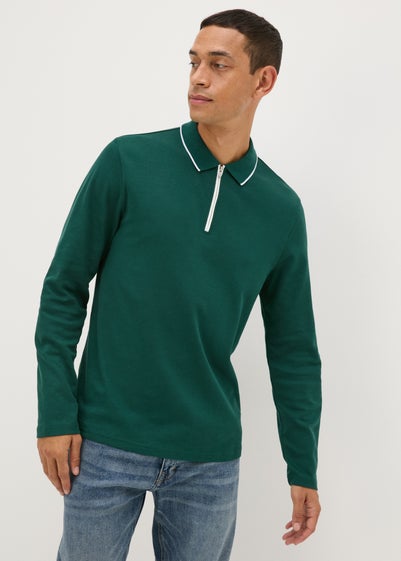 Green Tipped Interlock Long Sleeve Polo Shirt