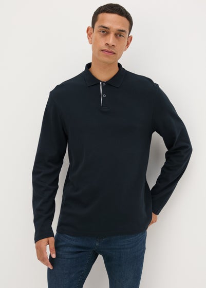 Black Contrast Placket Long Sleeve Polo Shirt