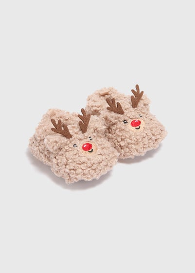 Baby Brown Reindeer Borg Slippers (Newborn-18mths)