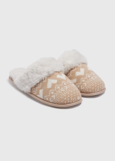 Beige Fairisle Knit Mule Slippers