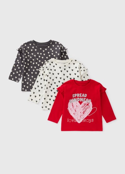 3 Pack Girls Black Heart Long Sleeve T-Shirts (1-7yrs)