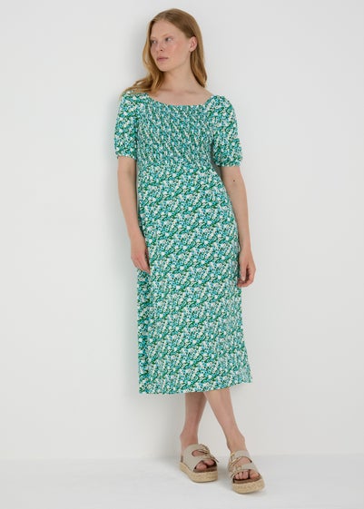 Green Floral Swing Midi Dress