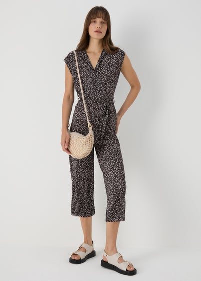 Black Daisy Print Plisse Jumpsuit