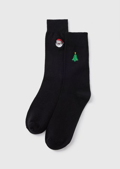 2 Pack Black Christmas Embroidered Socks