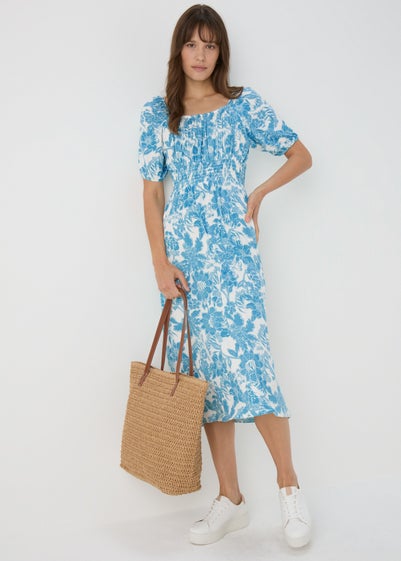 Blue Shirred Waist Jersey Dress