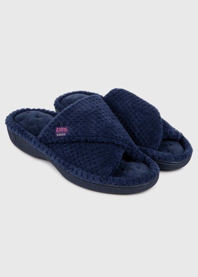 Totes Isotoner Navy Popcorn Turnover Open Toe Slippers