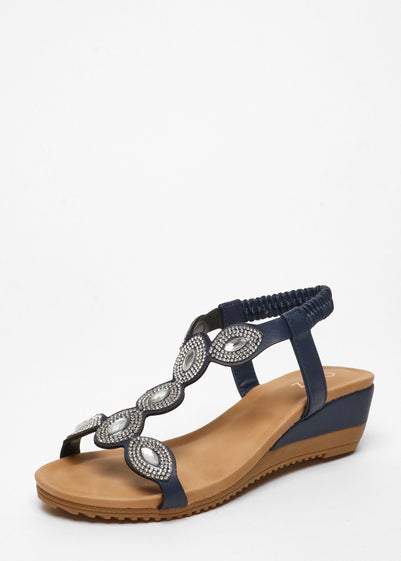 Quiz Navy Embellished T-Strap Low Wedges