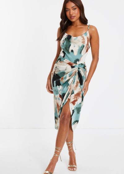 Quiz Green Petite Marble Print Ruched Midi Dress