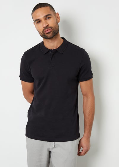 Threadbare Black Cotton Polo Shirt With Herringbone Detail Collar