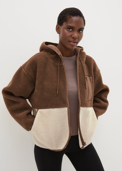 Brown Colour Block Borg Jacket