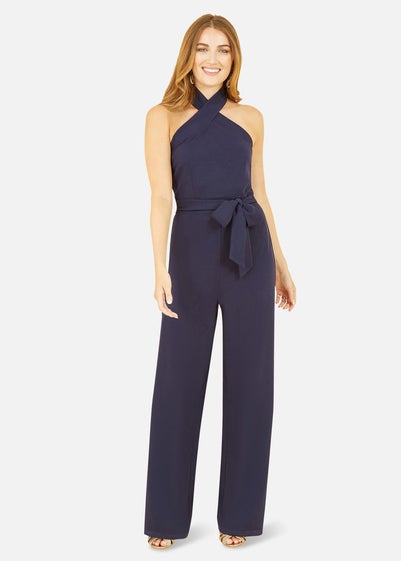 Mela Navy Cross Over Halter Neck Jumpsuit